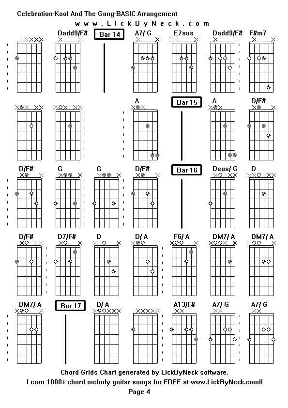 Chord Grids Chart of chord melody fingerstyle guitar song-Celebration-Kool And The Gang-BASIC Arrangement,generated by LickByNeck software.